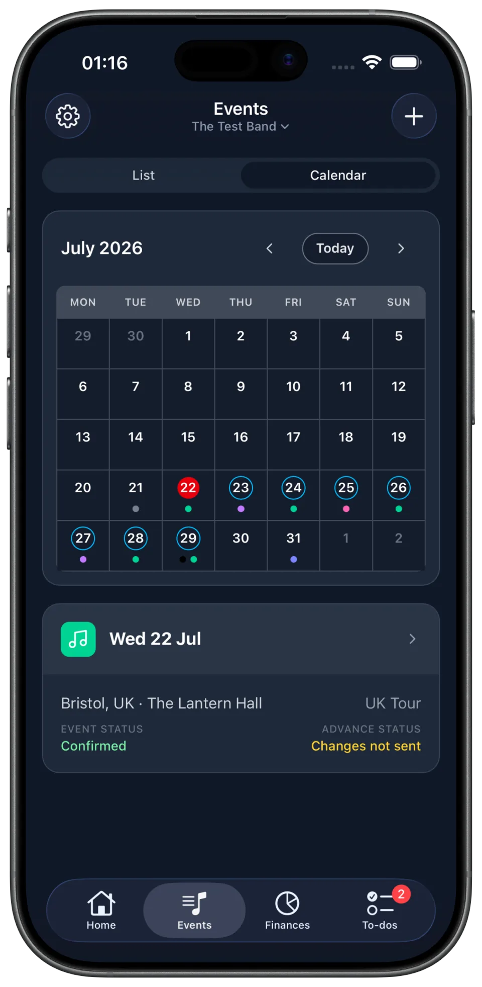 TourNote Calendar screen showing a month of tour dates, events and availability