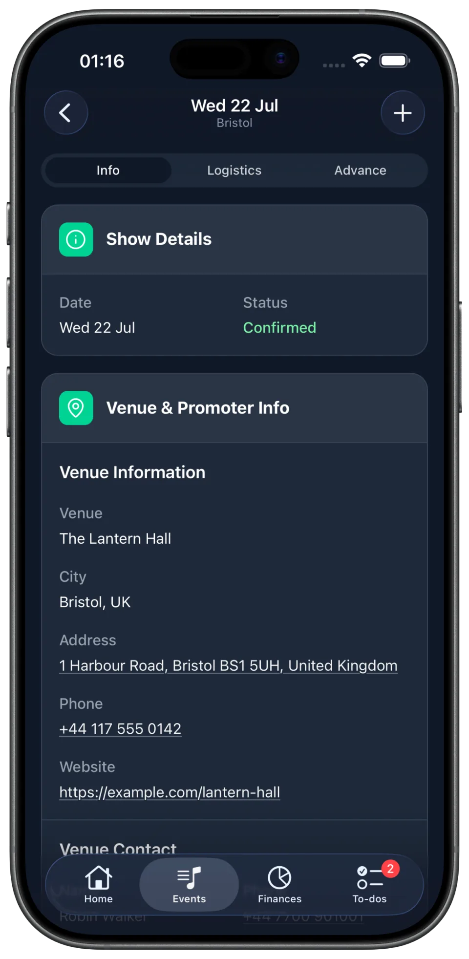TourNote event information screen showing the venue address, contact details and promoter information