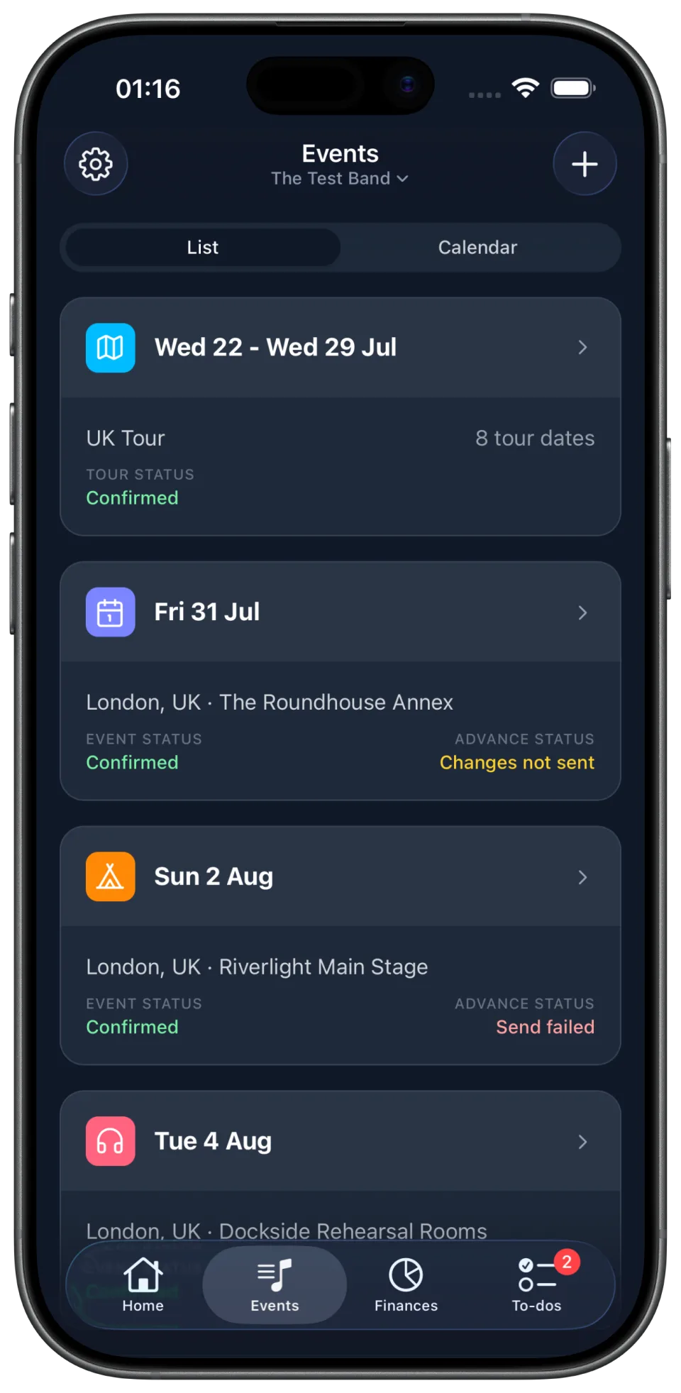 TourNote Events screen showing a confirmed UK tour, shows, festivals and rehearsals