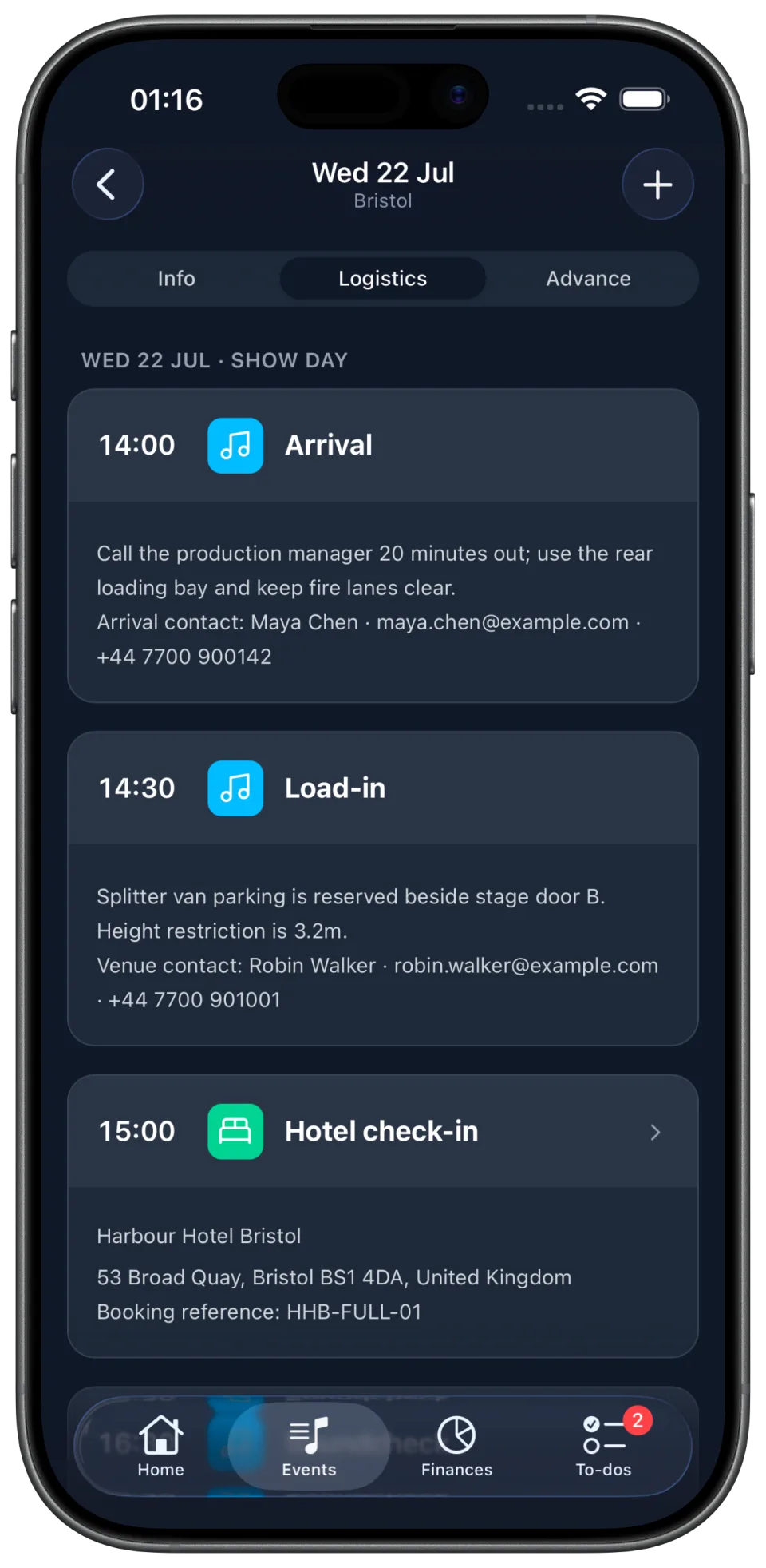 TourNote Logistics screen showing arrival, load-in and hotel check-in information
