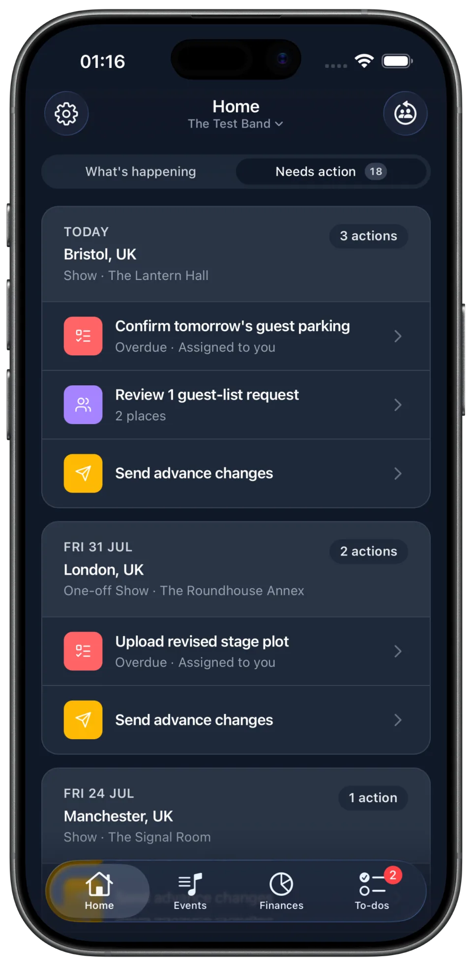TourNote Home screen showing overdue to-dos, guest-list requests and advance changes that need action