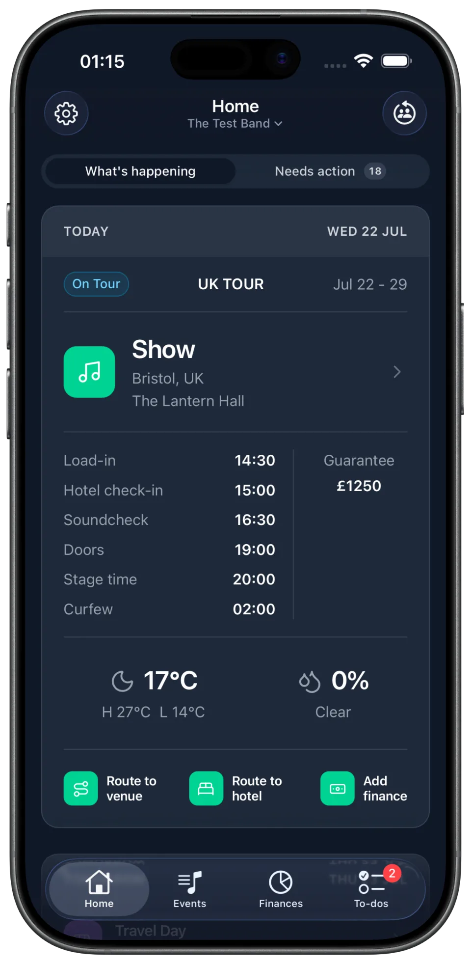 TourNote Home screen summarising today's Bristol show, schedule, weather, guarantee and quick actions