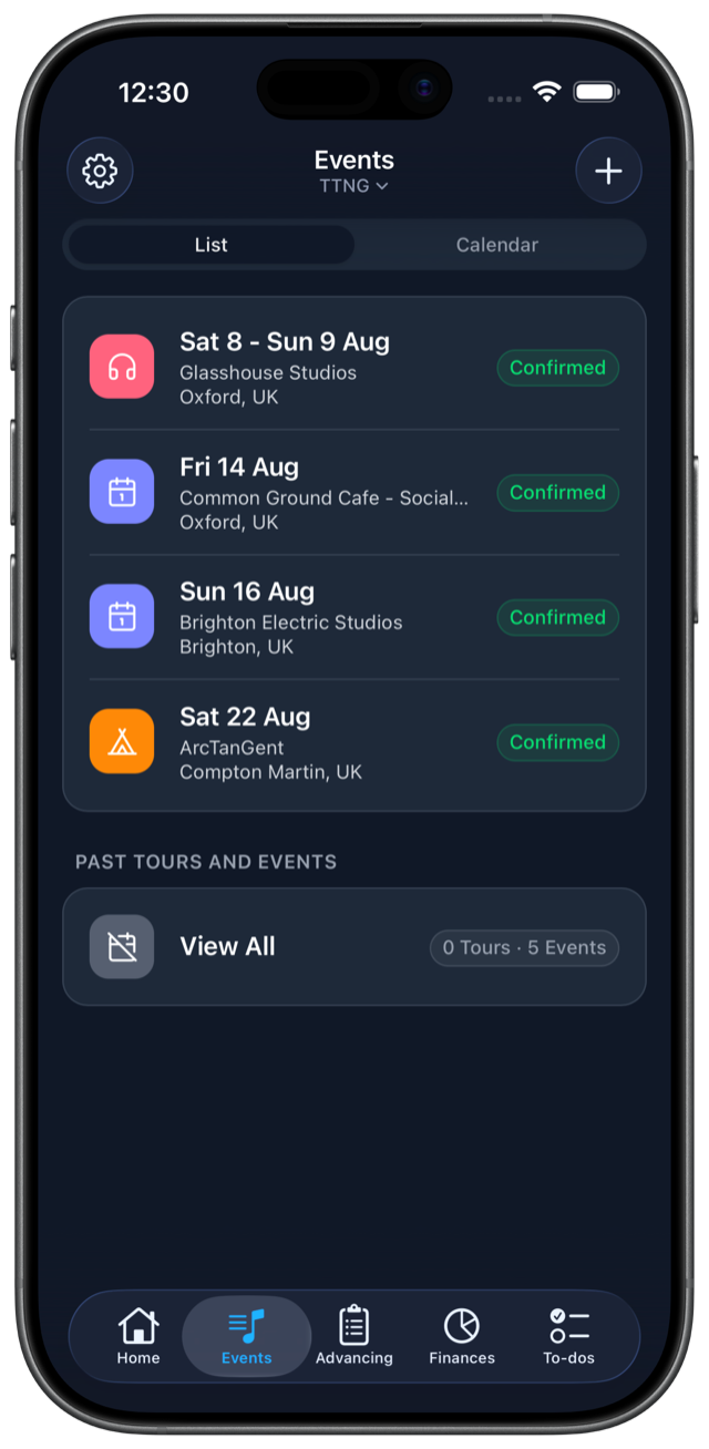 TourNote dashboard with band events and tour planning details